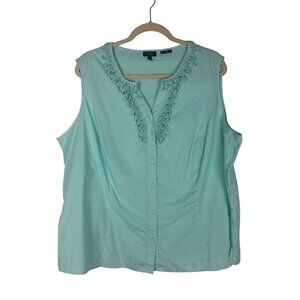 Talbots Plus Size 20W Sleeveless Aqua Blue Button-Down Blouse Embroidered Neckli
